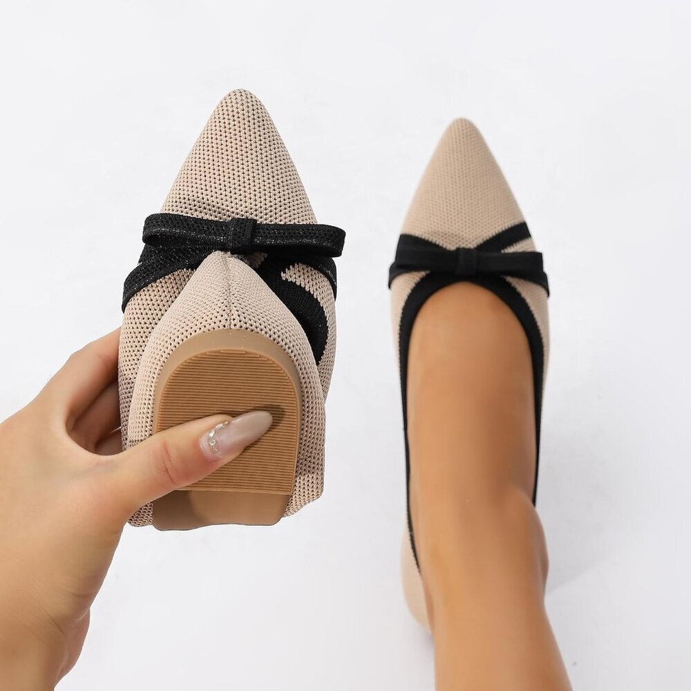 Women's Beige Black Pointed Toe Knit Foldable Ballet Comfortable Slip On Shoes - Picture 5 of 5